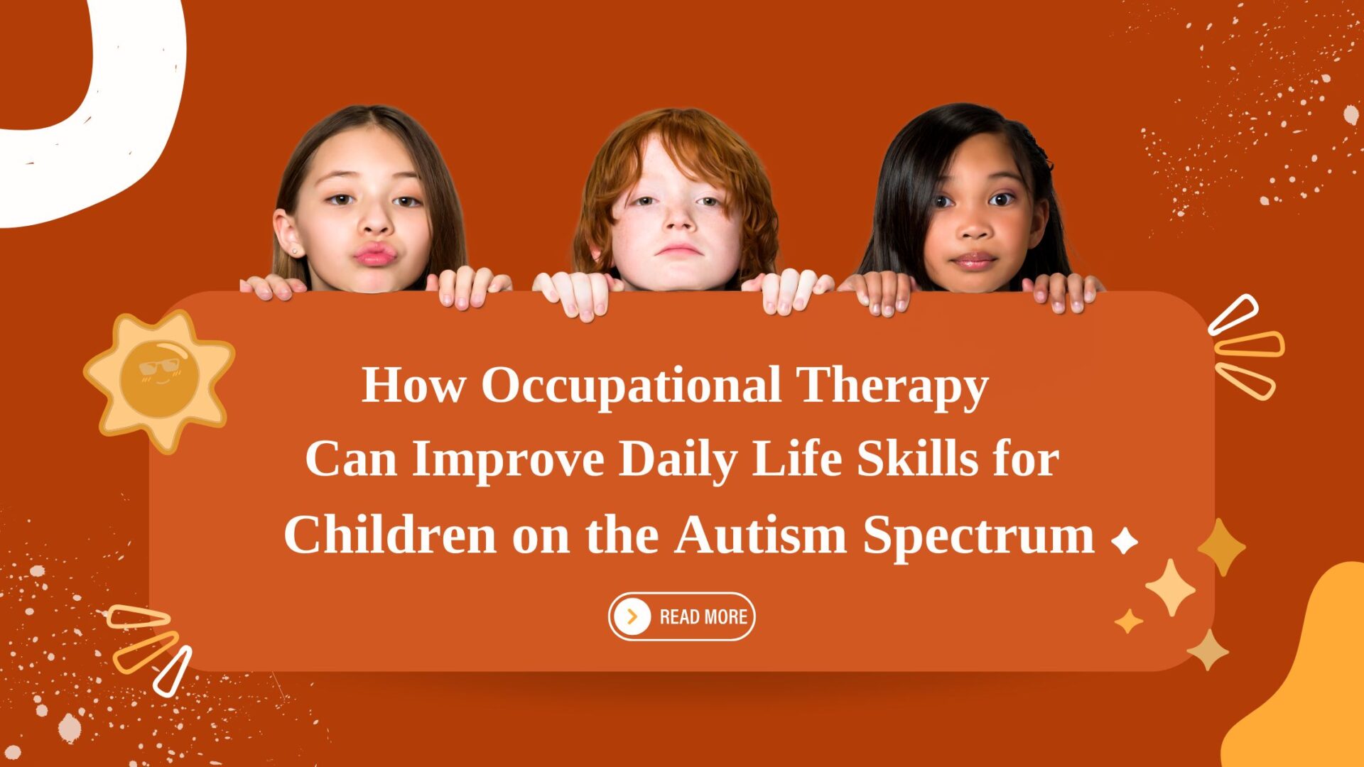 Three children hold up a sign with the blog title along with a “Read More” button.
